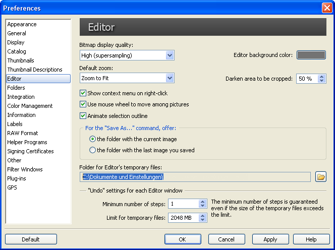 Zoner Photo Studio Free - Einstellungsdialog