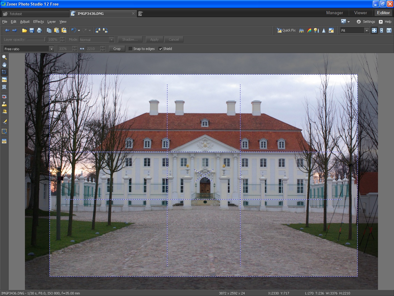 Zoner Photo Studio Free - Beschnittwerkzeug mit goldenem Schnitt