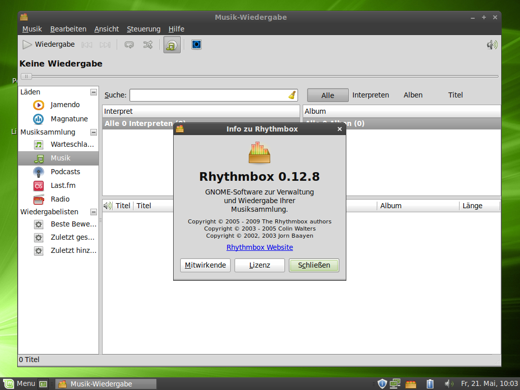 Das Musikprogramm Rhythmbox ist ebenfalls integriert, allerdings ohne den Ubuntu One Music Store.