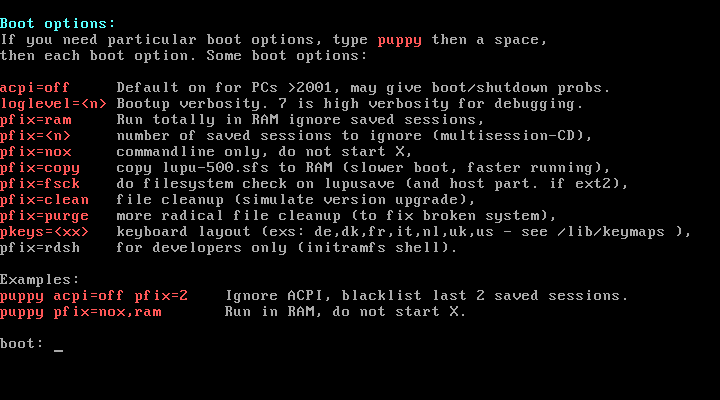 Startoptionen für das Mini-Linux