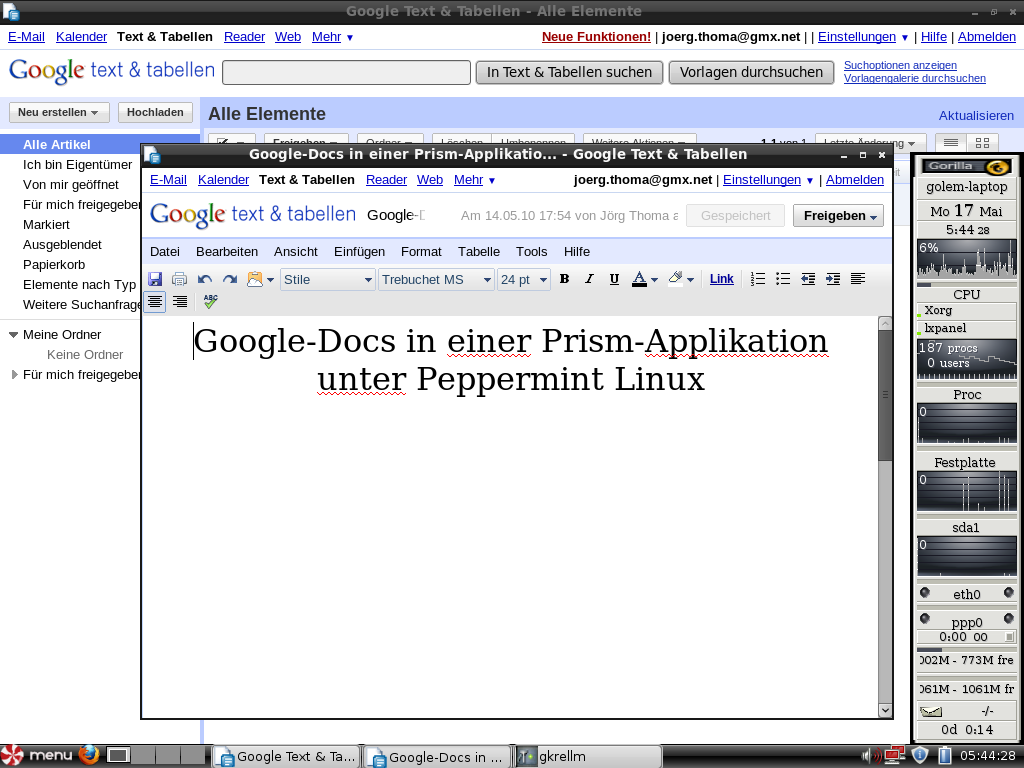 Für Texte und Tabellen bietet Peppermint OS Google Docs in einem Prism-Fenster.
