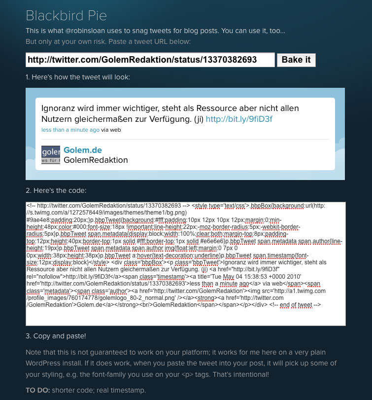 Unter media.twitter.com/blackbird-pie/ lassen sich Tweet-Links eingeben, um hübsche, klickbare Twitter-Zitate zum Einbinden in die eigene Webseite zu bekommen.