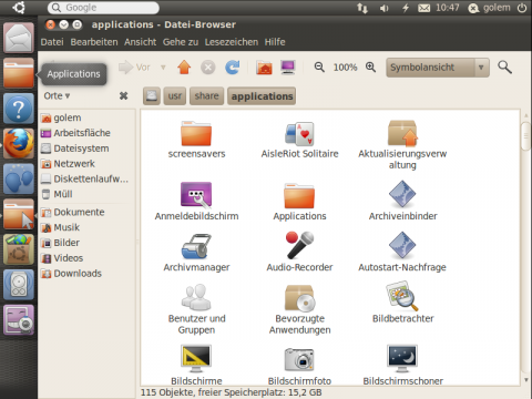 Das Applikationsmen&uuml; in der Unity-Shell