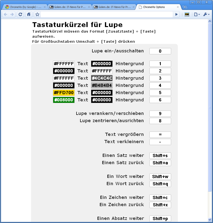 Chromevis - Konfigurationsmenü auf Deutsch