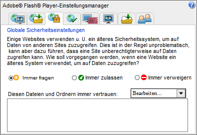 Adobe Flash Player Einstellungsmanager: Globale Sicherheitseinstellungen