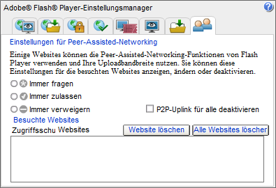 Adobe Flash Player Einstellungsmanager: Einstellungen für Peer-Assisted-Networking