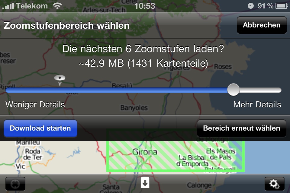Girona (Spanien) und Umgebung, Austragungsort der OpenStreetMap-Konferenz, muss in mehreren kleinen Paketen heruntergeladen werden.