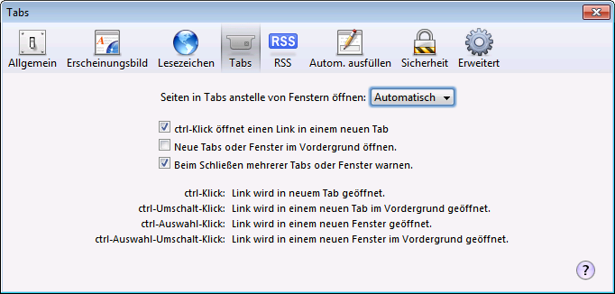 Safari 5 - Einstellungen Tabs