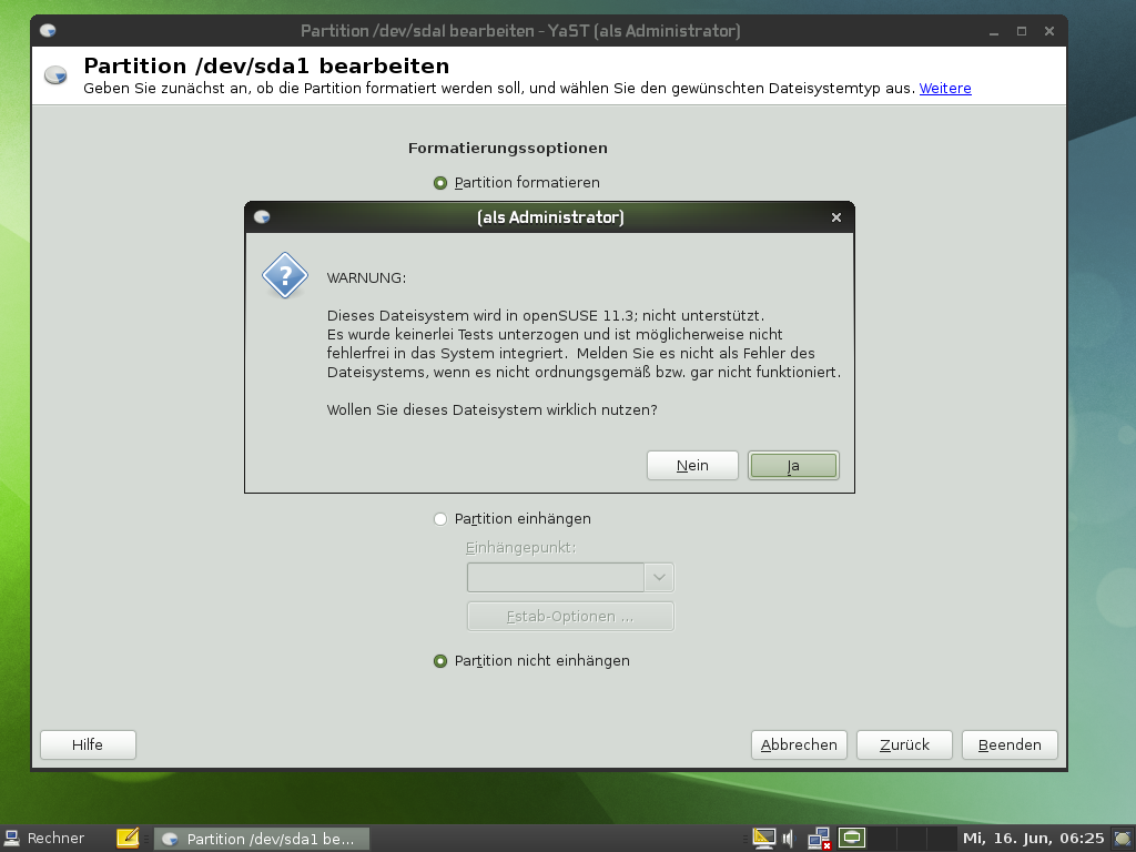 Wer das neue Dateisystem Btrfs verwenden will, wird ausgiebig gewarnt.