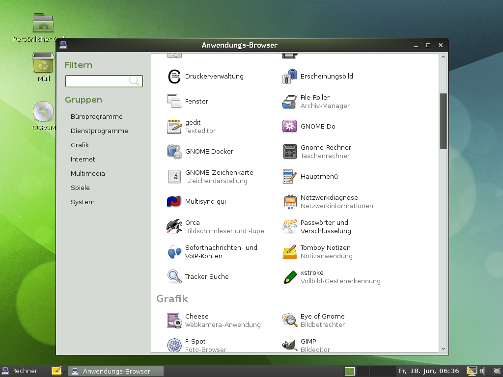Unter der Gnome-Version stehen etliche Anwendungen zur Verfügung, darunter zentrale Einrichtungswerkzeuge für soziale Netzwerke.