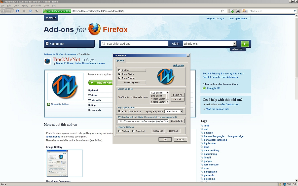 In den Optionen muss der Nutzer TMN aktivieren. Außerdem kann er auswählen, welche Suchmaschinen verwirrt werden sollen...