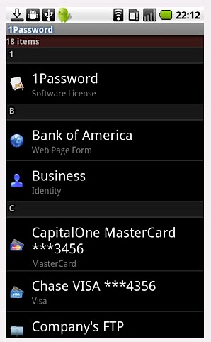 1Password für Android - Benutzeroberfläche