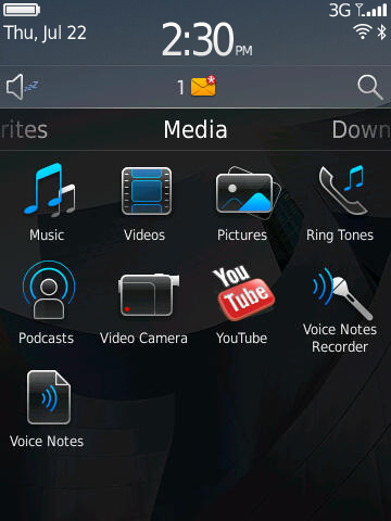 Blackberry 6 - Startbildschirm mit aktiviertem Media-Bereich