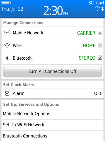 Blackberry 6 - Klick auf die Statusleiste öffnet diese Übersicht