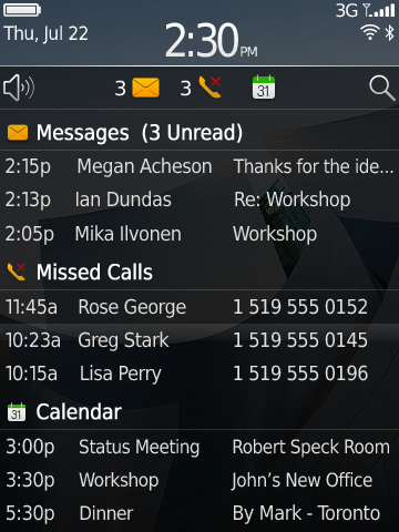 Blackberry 6 - Übersicht mit E-Mails, Terminen und verpassten Anrufen