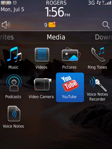 Blackberry 6 - Startbildschirm mit aktiviertem Media-Bereich