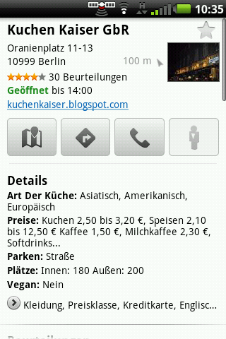 Google Maps 4.4 - In der Nähe - Detailansicht mit Zusatzinformationen