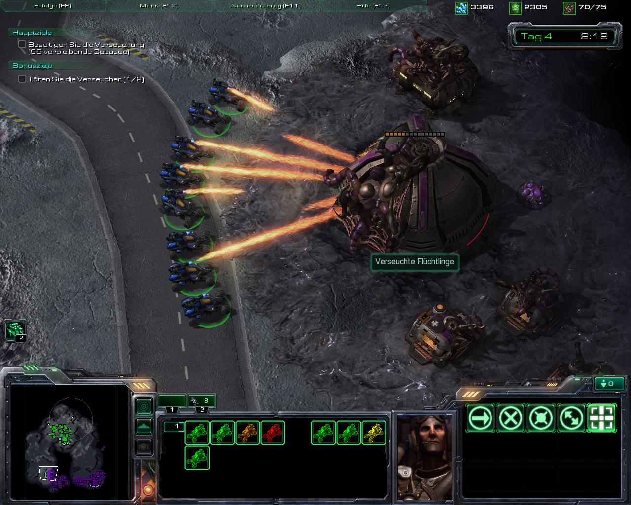 Mit Flammenwerfer-Vehikeln radiert der Spieler infizierte Häuser aus.