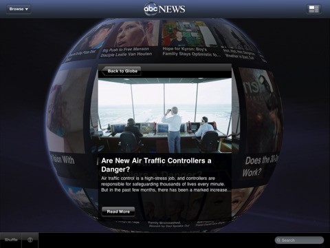 ABC News for iPad - die Kugel mit der Nachrichtenauswahl