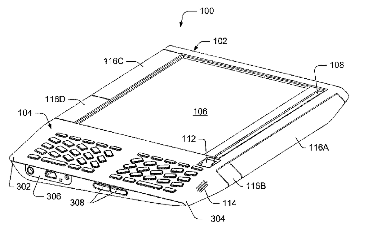 Dieses Design hat sich Amazon patentieren lassen. Rechts neben dem großen Display sitzt das kleine. (Nr. 108) (Bild: Patentschrift)