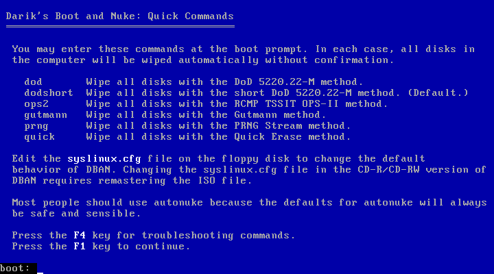 Löschaktionen können direkt aus dem Bootmenü gestartet werden.