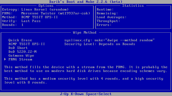 Über die Option PRNG bestimmt der Anwender selbst, welchen Zufallsgenerator DBAN verwenden soll.