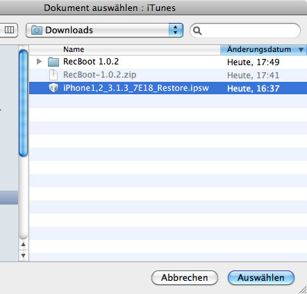 Die Wiederherstellung fragt nach einer einzuspielenden iOS-Datei