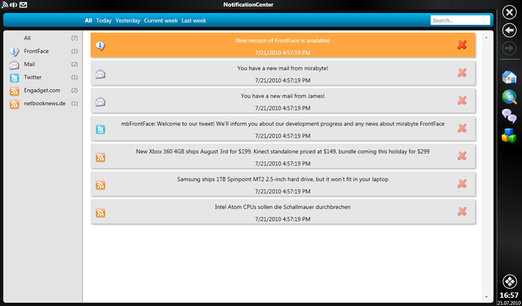 Mirabyte Frontface - Notification Center