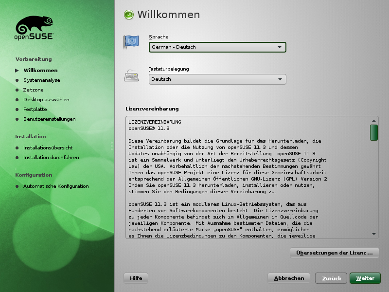 Der Installation von der Opensuse-11.3-DVD ist in wenigen Schritten erledigt.