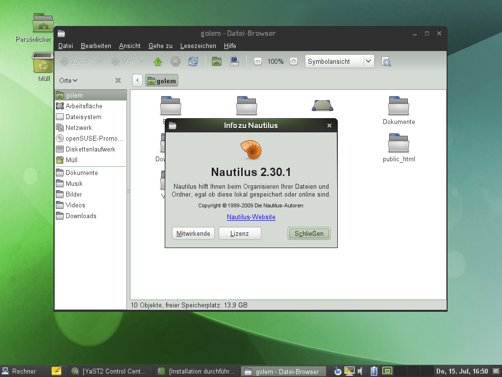 Der Dateimanager Nautilus erhält unter Opensuse 11.3 standardmäßig eine zweigeteilte Fensteransicht.