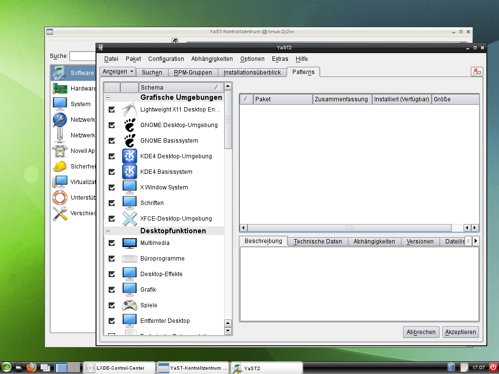 Im LXDE-Desktop funktioniert auch das Yast-Kontrollzentrum.