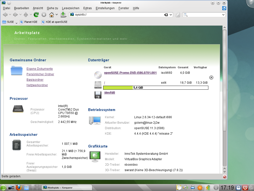 Der Arbeitsplatz unter KDE bietet allerlei Informationen über den Rechner.