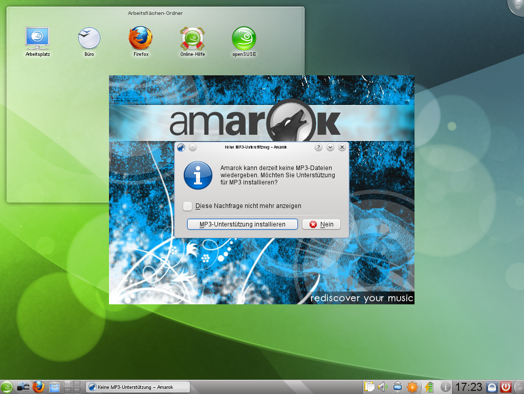 Als Musikplayer für KDE steht Amarok zur Verfügung, das bei fehlenden Codecs anbietet, diese nachzuinstallieren.