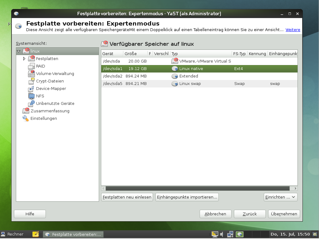 Standardmäßig setzt Opensuse auf das Dateisystem Ext4.