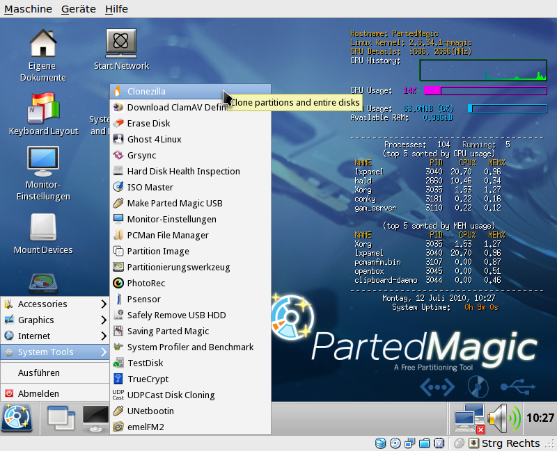 Clonezilla klont Partitionen zu Backup-Zwecken.