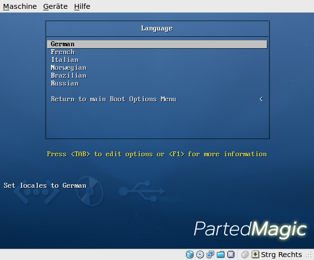 ... die Parted Magic gleich in der gewünschten Sprache startet.