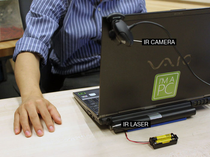 Mouseless - funktioniert mit einer IR-Kamera und einem IR-Laser (Bild: Pranav Mistry)