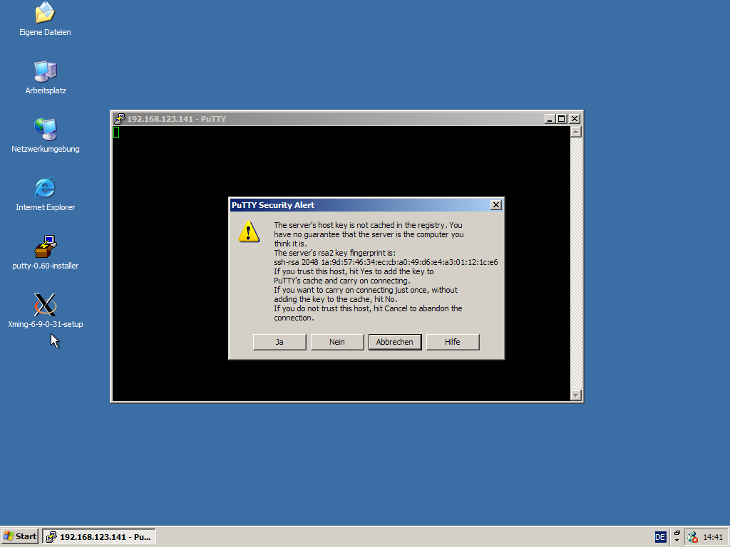 Bei der ersten Verbindung platziert Putty einen Session-Schlüssel in der Registry.