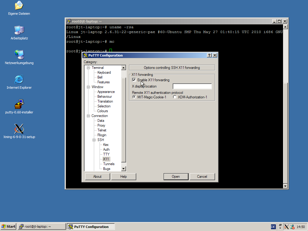 Damit auch grafische Programme auf entfernten Rechnern gestartet werden können, kann das X-Protokoll über SSH getunnelt werden. 