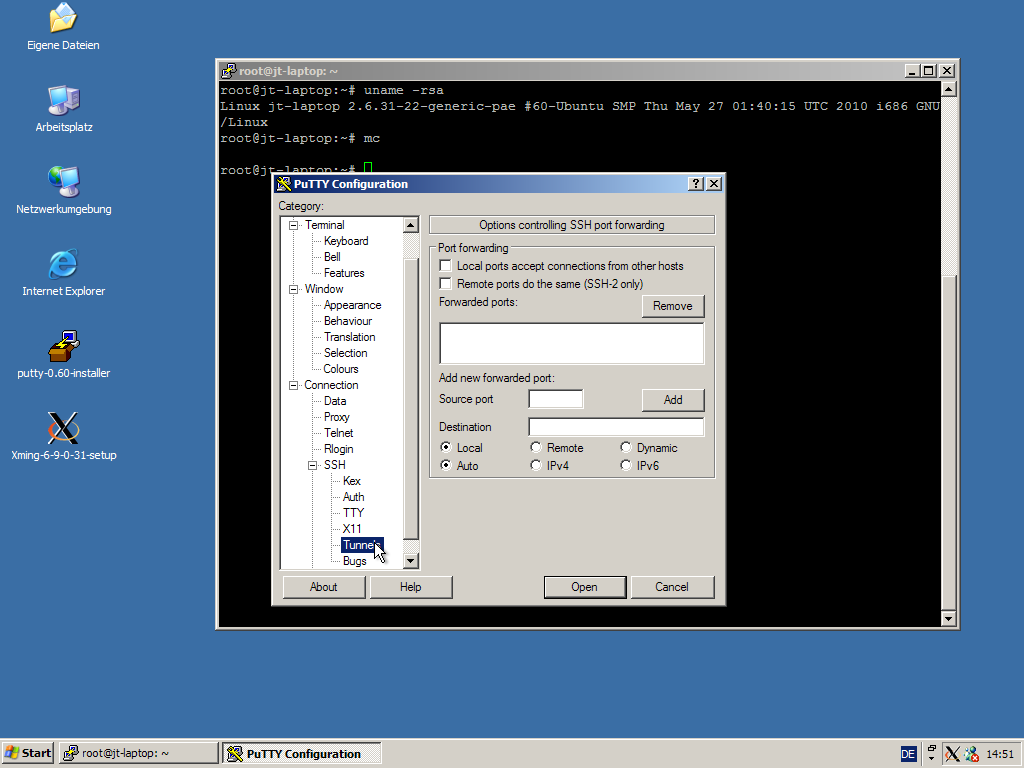 Auch Port-Forwarding über SSH-Tunnel können in Putty aktiviert werden.