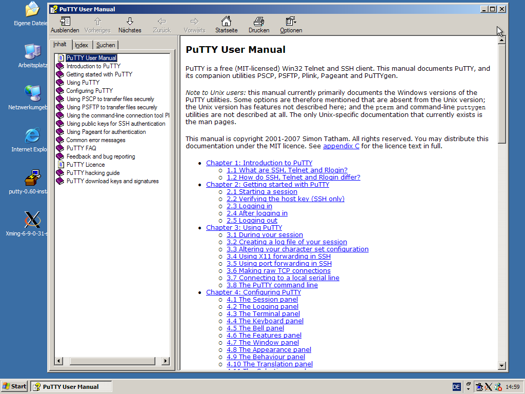 Die Hilfe für Putty ist ausführlich aber in englischer Sprache.