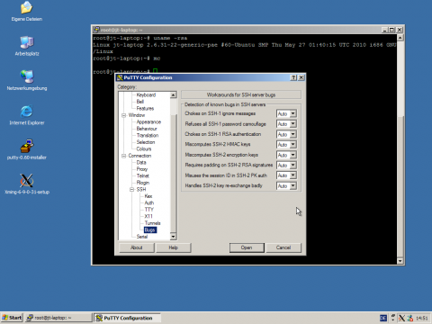 Mit einzelnen Unzul&auml;nglichkeiten des SSH-Protokolls kommt Putty ebenfalls klar. 