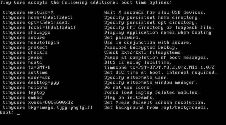 Tinycore bietet allerlei Startoptionen im Bootmenü.