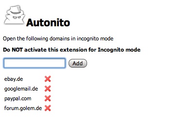 Chrome-Erweiterung Autonito mit Incognito-Websiteliste
