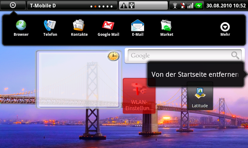 Die Statusleiste ist anklickbar. Links oben sind bis zu sieben Anwendungen zu sehen, die selbst bestimmt werden können.