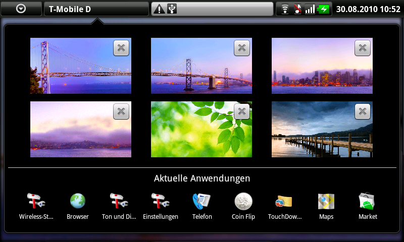 Die Startbildschirme und zuletzt verwendete Anwendungen in der Übersicht