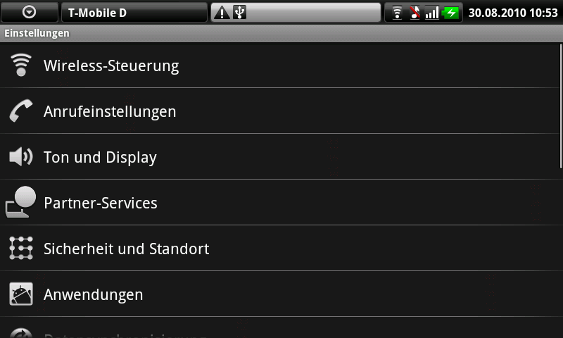 Einstellungen im Streak. Da nur Android 1.6 installiert ist, gibt es hier weniger zu sehen als bei Android 2.2.