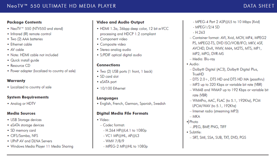 Alle Formate aus Netgears Datenblatt