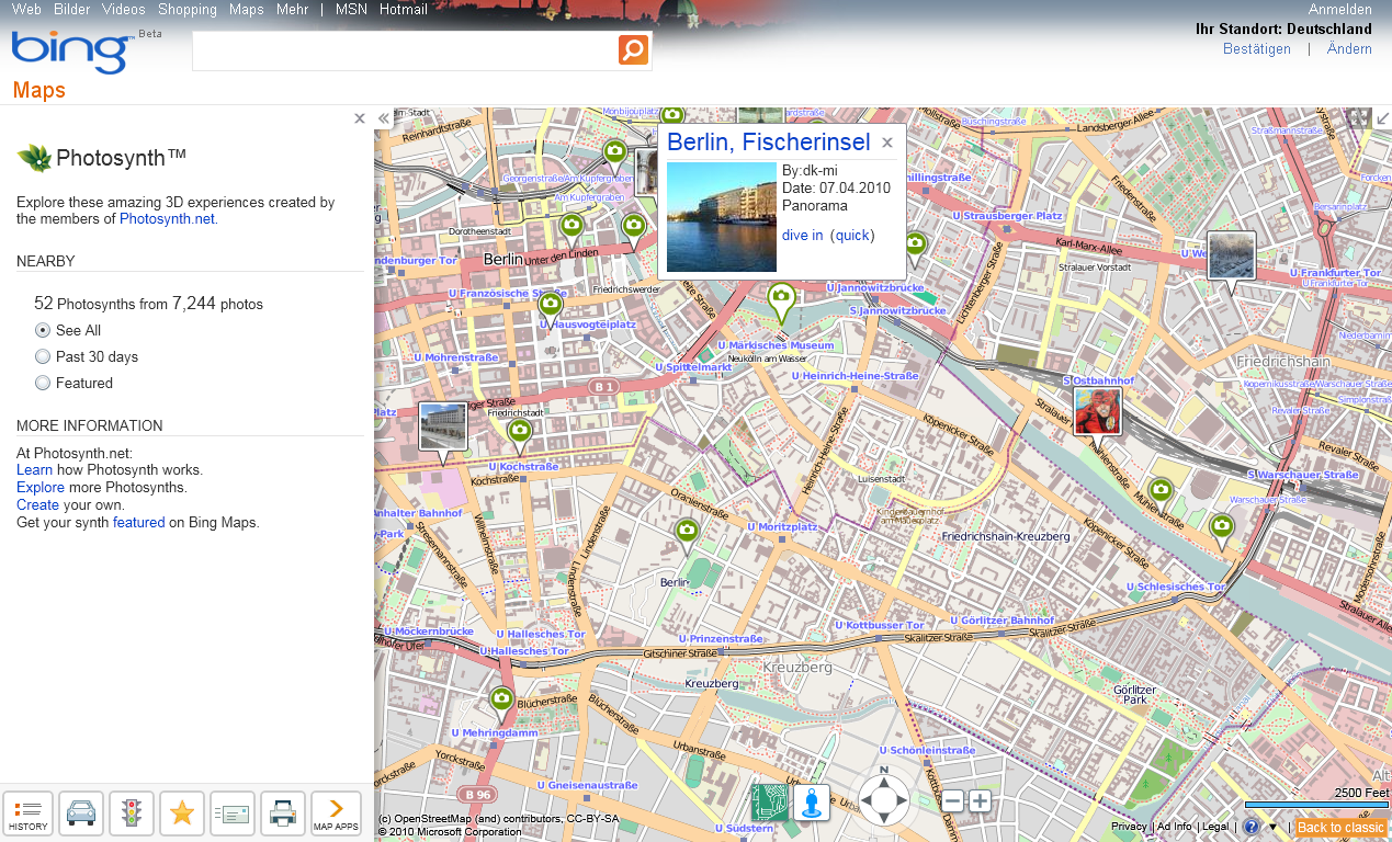 Bing Maps mit OpenStreetMap-Layer und eingeblendetem Photosynth