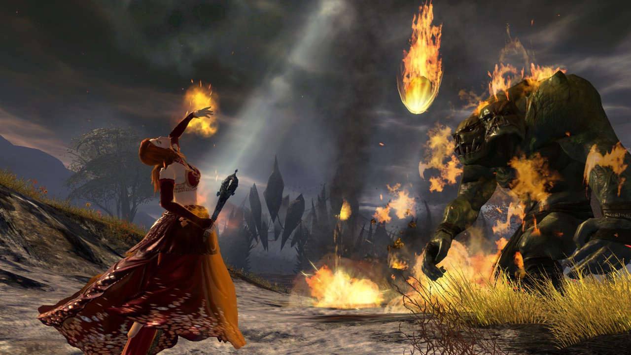 Guild Wars 2 - ein Elementalist ruft einen Meteoritenregen herab.